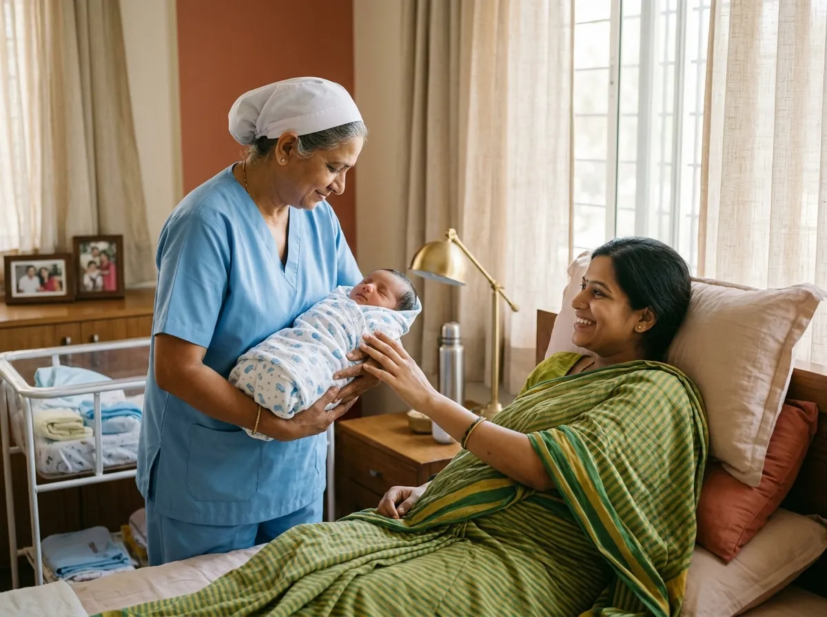 Newborn baby care attendant providing gentle infant hygiene in Tirupati