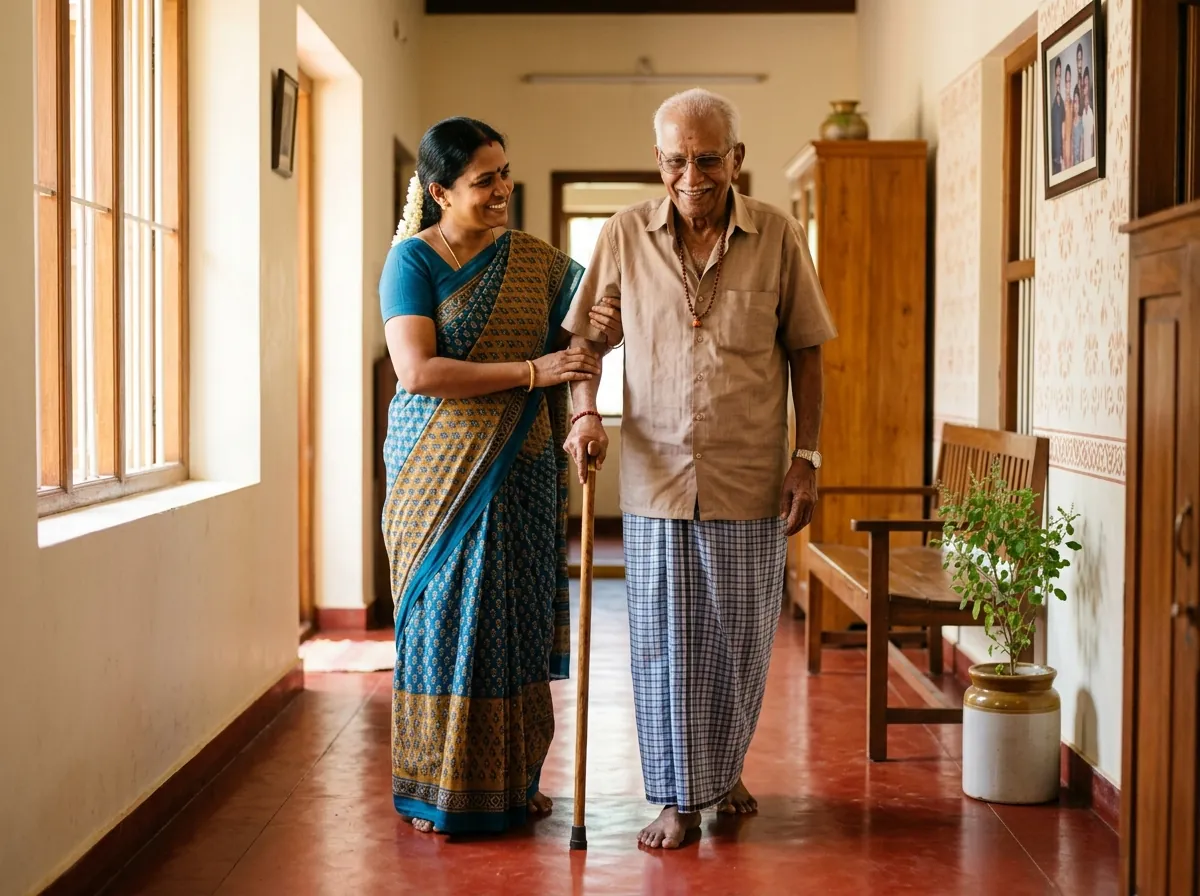 Elder care caregiver walking with senior citizen in Tirupati