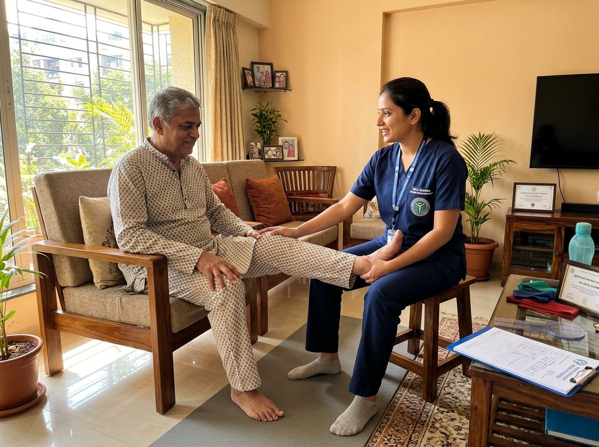 Qualified Indian physiotherapist assisting an adult stroke patient with gentle mobility exercises at home in Tirupati