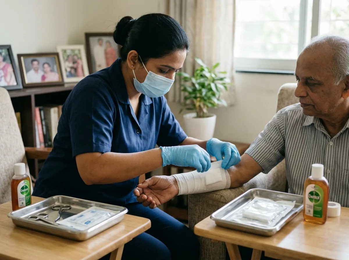 Sterile wound dressing and antiseptic care at home in Tirupati